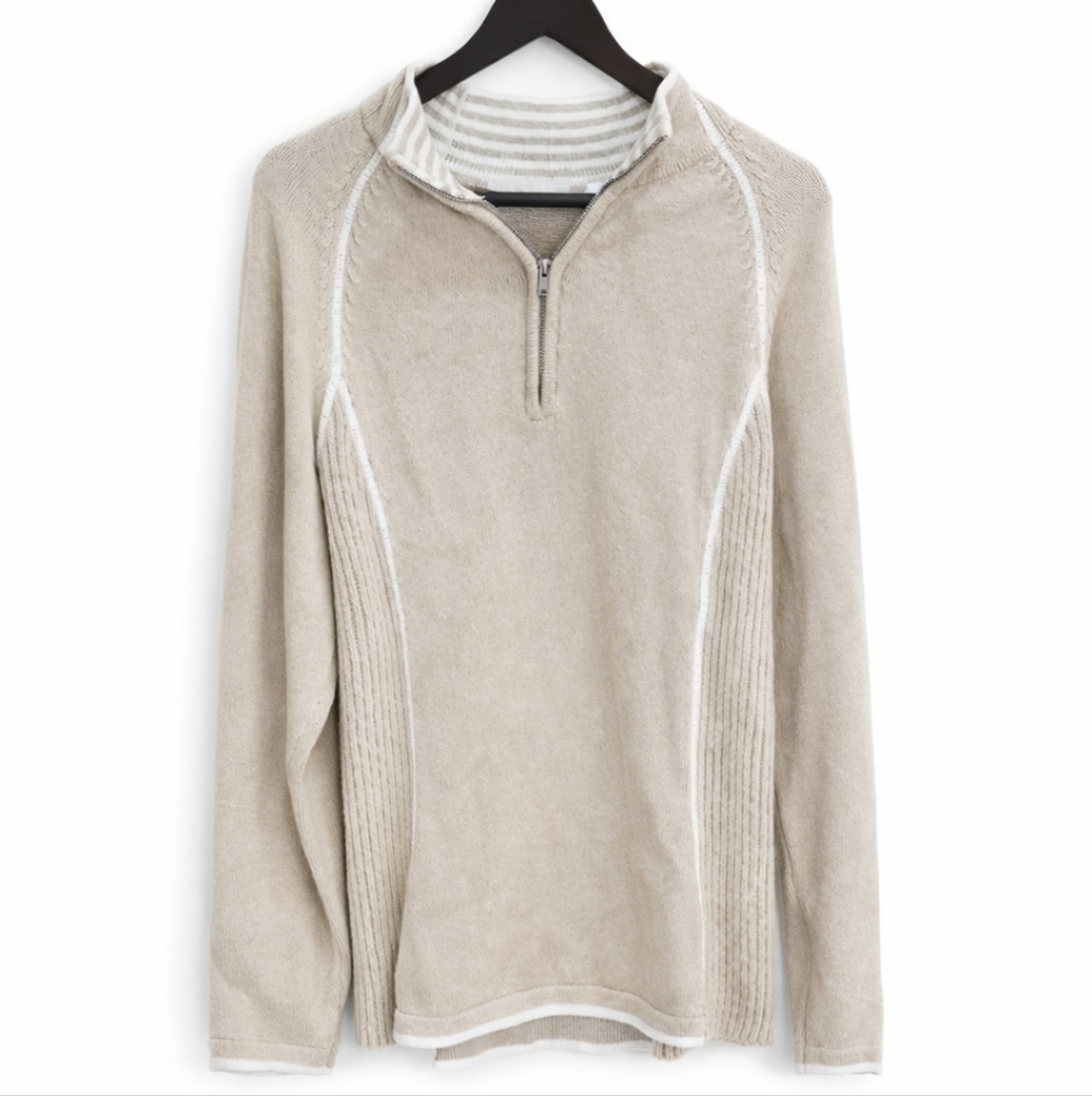Liz Claiborne Cream Quarter Zip Textured Side Panel 100% Cotton Sweater Sz Lg
